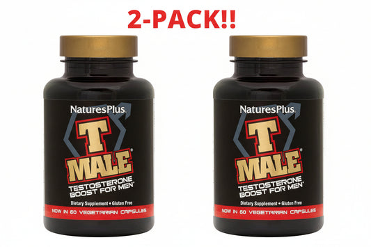 Two bottles of NaturesPlus T-Male supplement on a white background with '2-Pack!!' text.