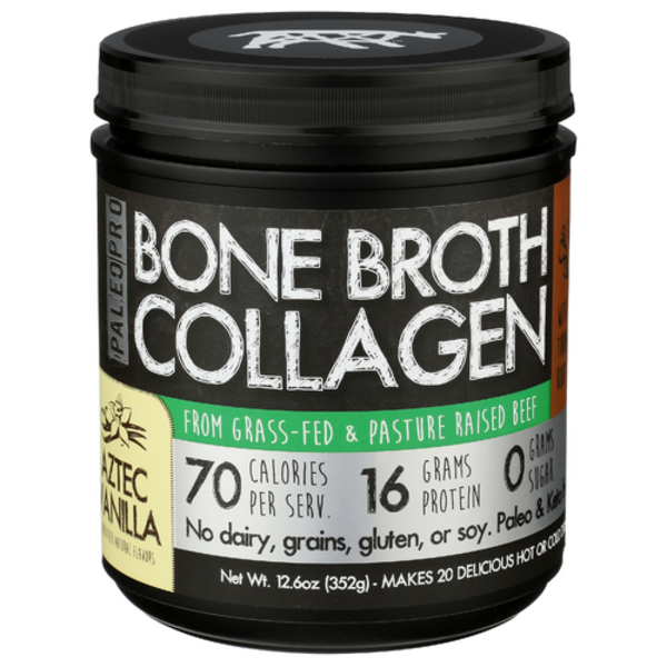 Paleo Pro Aztec Vanilla Bone Broth Collagen Protein Powder 12.6 oz pouch or container, highlighting the "Paleo," "Keto," and "Grass-Fed" claims.