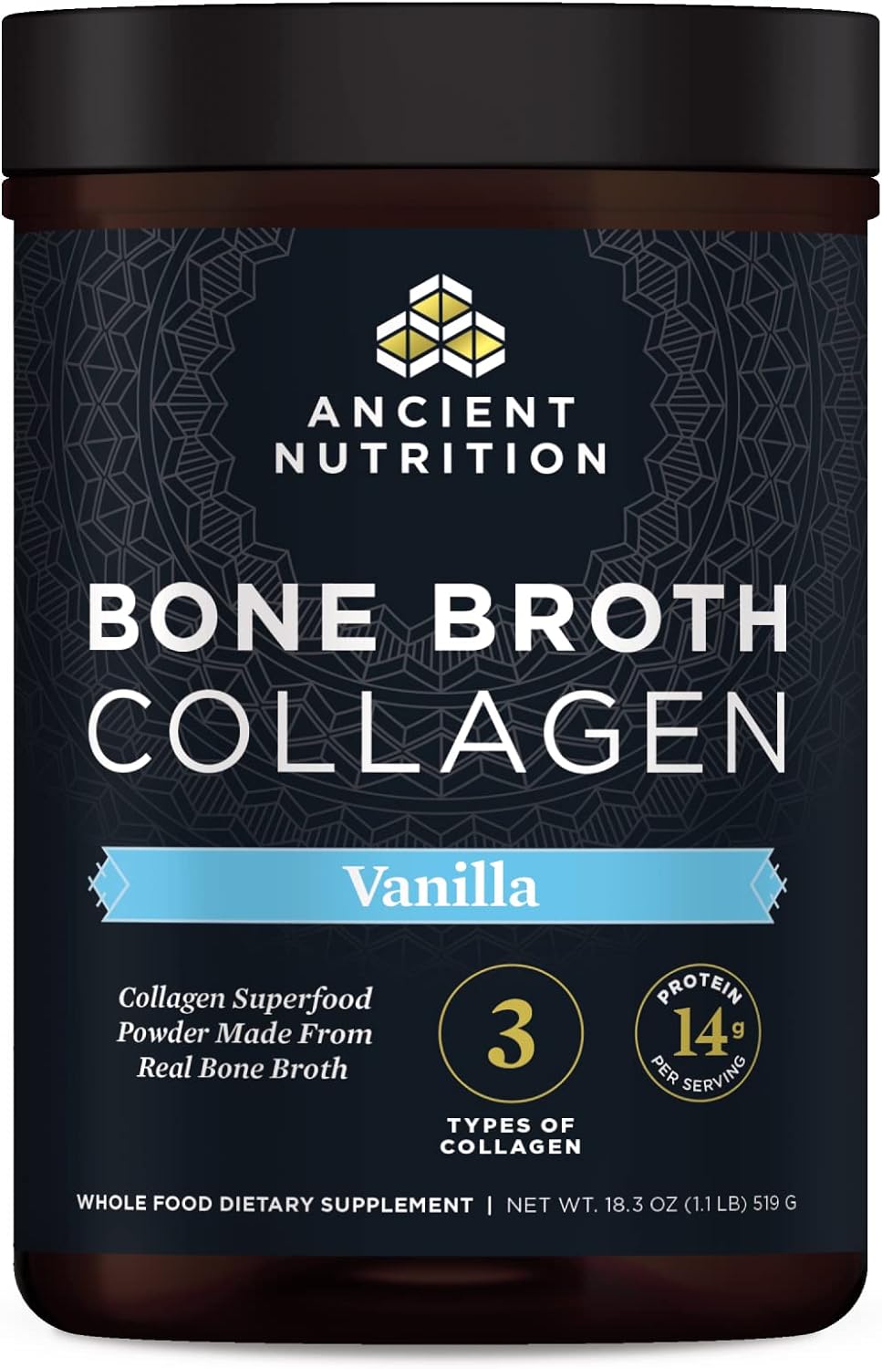 Ancient Nutrition Bone Broth Collagen powder container with vanilla flavor on a black background