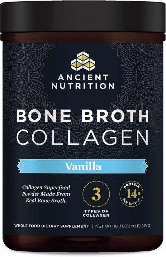 Ancient Nutrition Bone Broth Collagen powder container with vanilla flavor on a black background