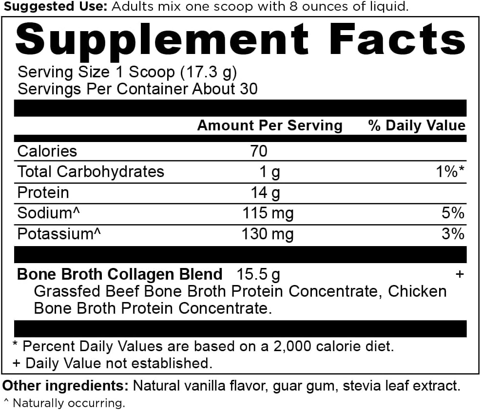 Supplement facts label for a bone broth collagen blend with serving size and nutritional information.