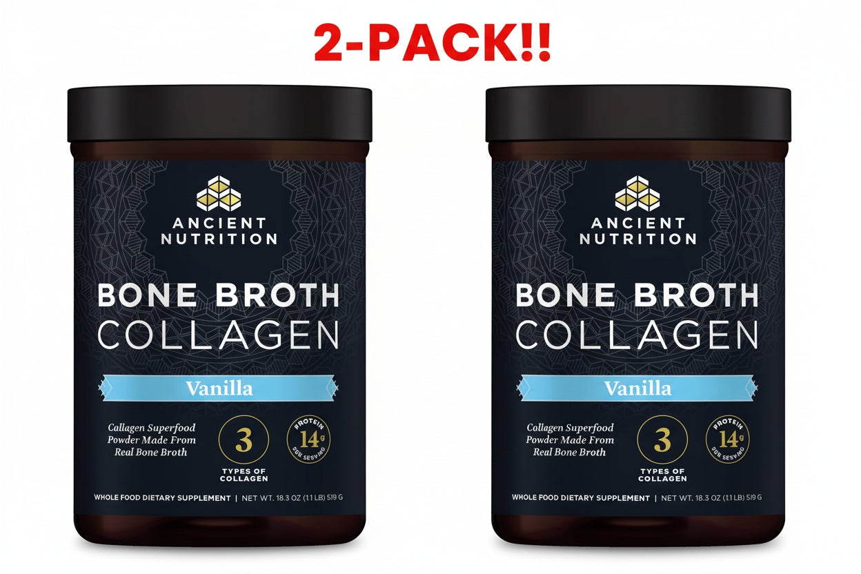 Two containers of Ancient Nutrition Bone Broth Collagen Vanilla on a white background with '2-Pack!!' text above.