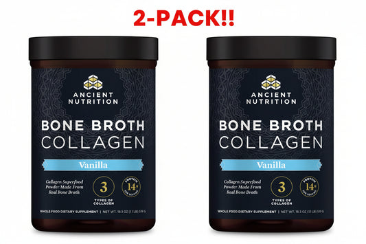 Two containers of Ancient Nutrition Bone Broth Collagen Vanilla on a white background with '2-Pack!!' text above.