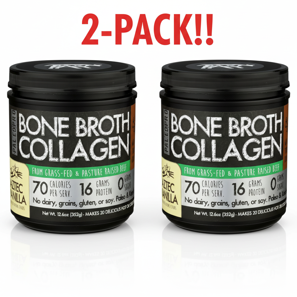 Two Paleo Pro Aztec Vanilla Bone Broth Collagen Protein 12.6 oz containers displayed side-by-side, clearly indicating "Double Pack" or "2-Pack Bundle," emphasizing the "Vanilla" and "Paleo & Keto" claims.