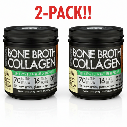 Two Paleo Pro Aztec Vanilla Bone Broth Collagen Protein 12.6 oz containers displayed side-by-side, clearly indicating "Double Pack" or "2-Pack Bundle," emphasizing the "Vanilla" and "Paleo & Keto" claims.