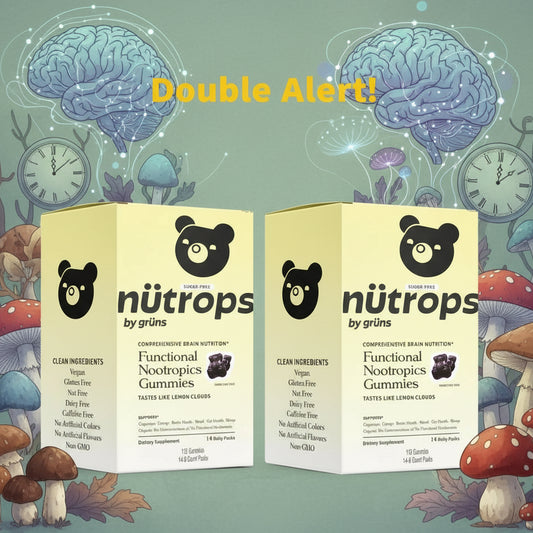 Two boxes of näutrops by grüns functional nootropics gummies with a brain and mushroom illustration in the background.