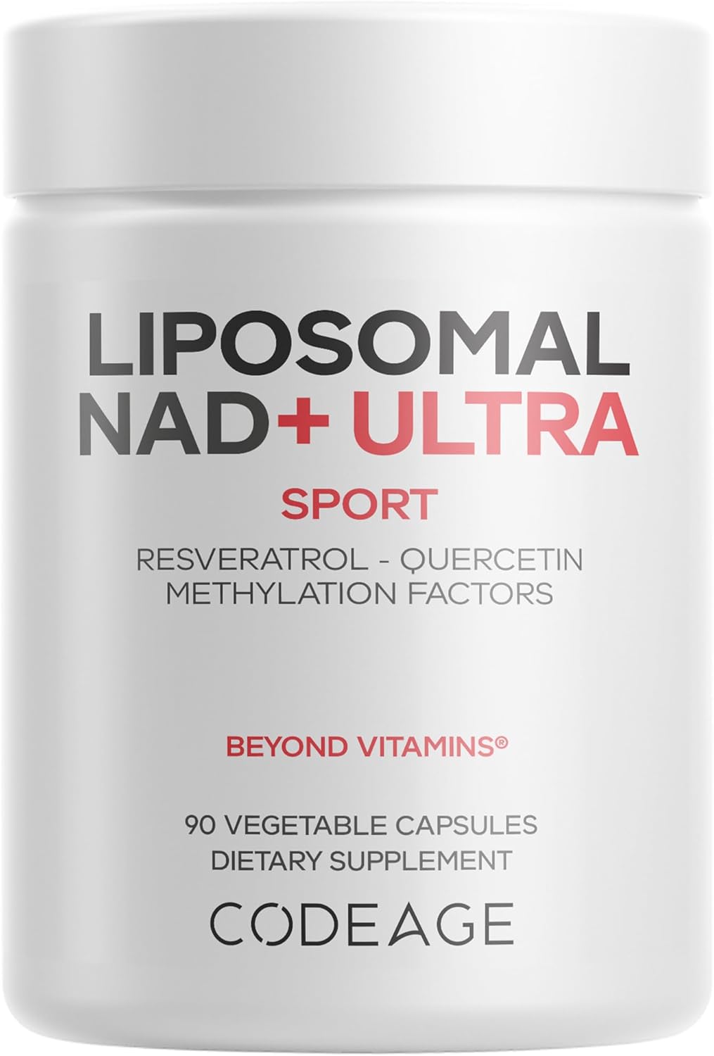 Supplement container labeled 'Liposomal NAD+ Ultra Sport' by Codeage on a white background