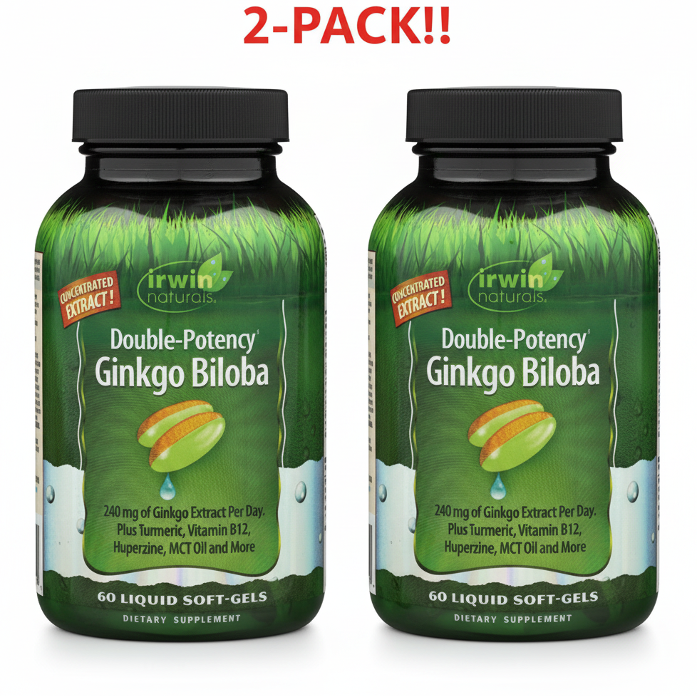 Supplement bottle of Irwin Naturals Double-Potency Ginkgo Biloba on a white background