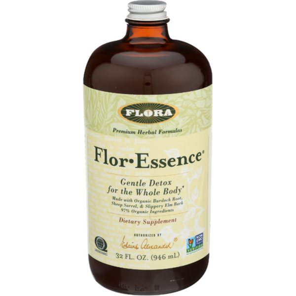 Bottle of Flora Flor Essence dietary supplement on a white background