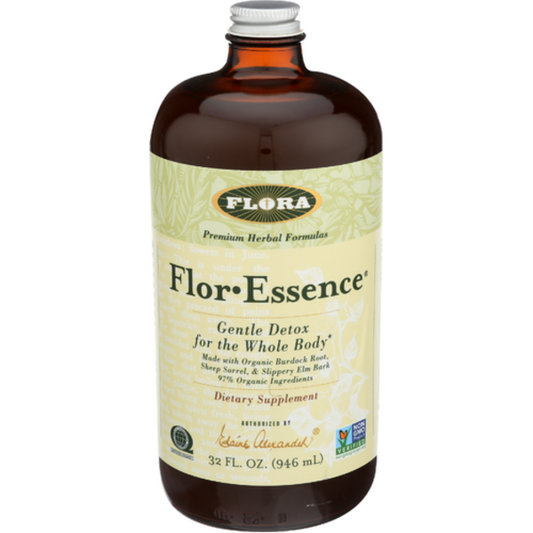 Bottle of Flora Flor Essence dietary supplement on a white background