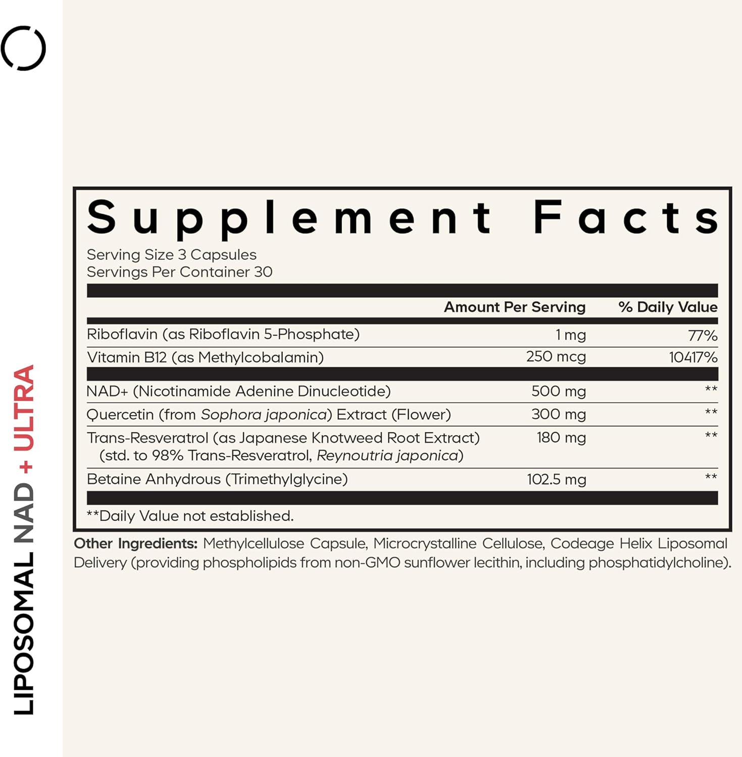 Supplement facts label with detailed nutritional information on a white background