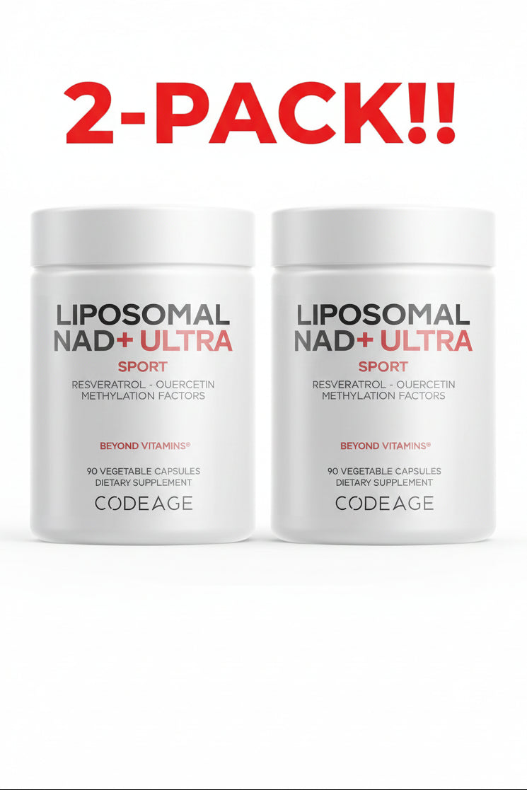 Two containers of Liposomal NAD+ Ultra Sport by Codeage on a white background with red text.