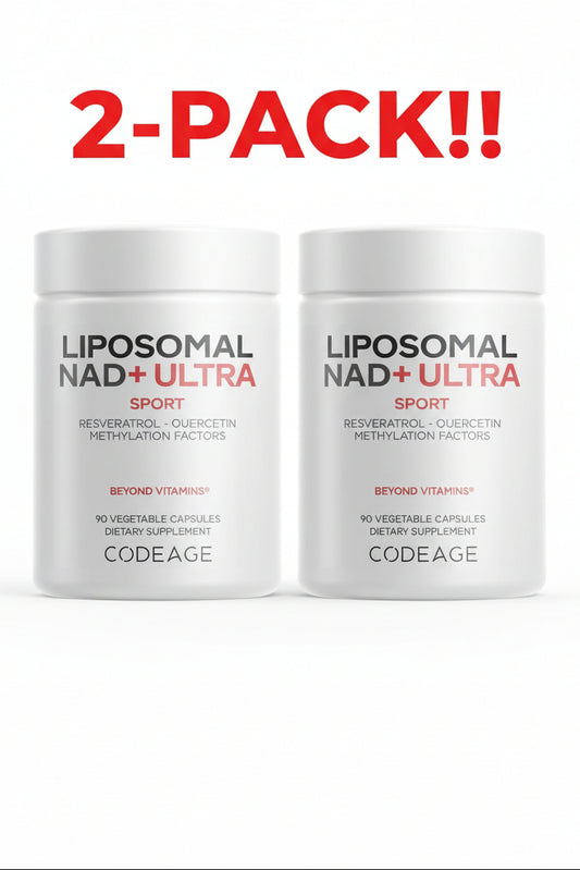 Two containers of Liposomal NAD+ Ultra Sport by Codeage on a white background with red text.