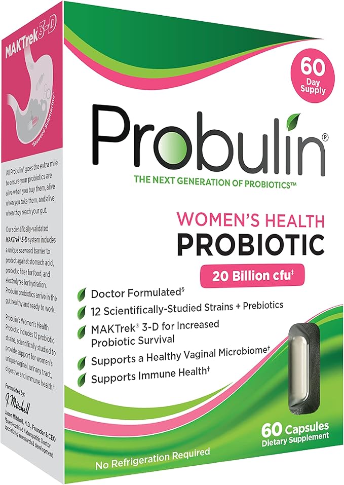 Probulin Women’s Health Probiotic + Prebiotic for Vaginal, Gut & Immune Health - 20 Billion CFU - 12 Probiotic Strains, 60 Vegan Capsules