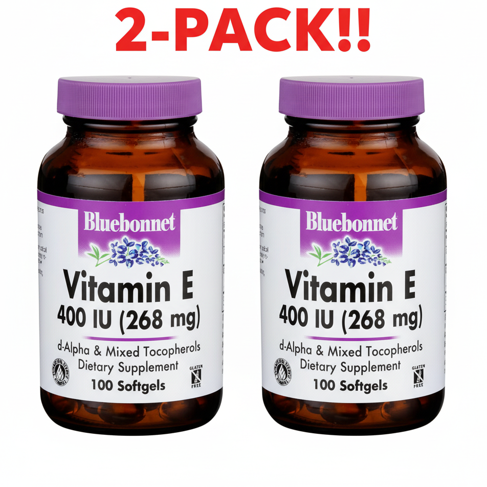 Bluebonnet Vitamin E supplement bottle with purple cap on a white background