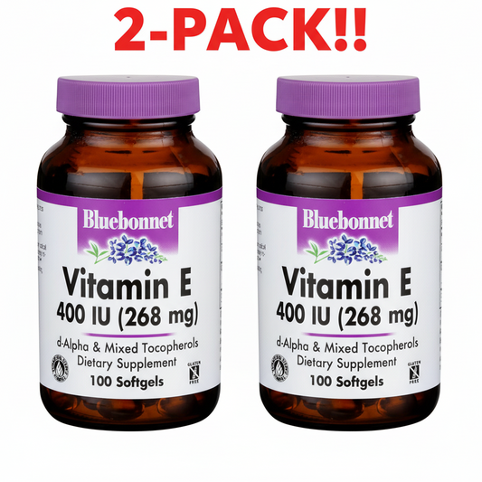 Bluebonnet Vitamin E supplement bottle with purple cap on a white background