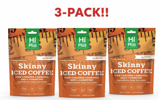 Three packs of Hi Plus Skinny Iced Coffee with a '3-Pack!!' label above.
