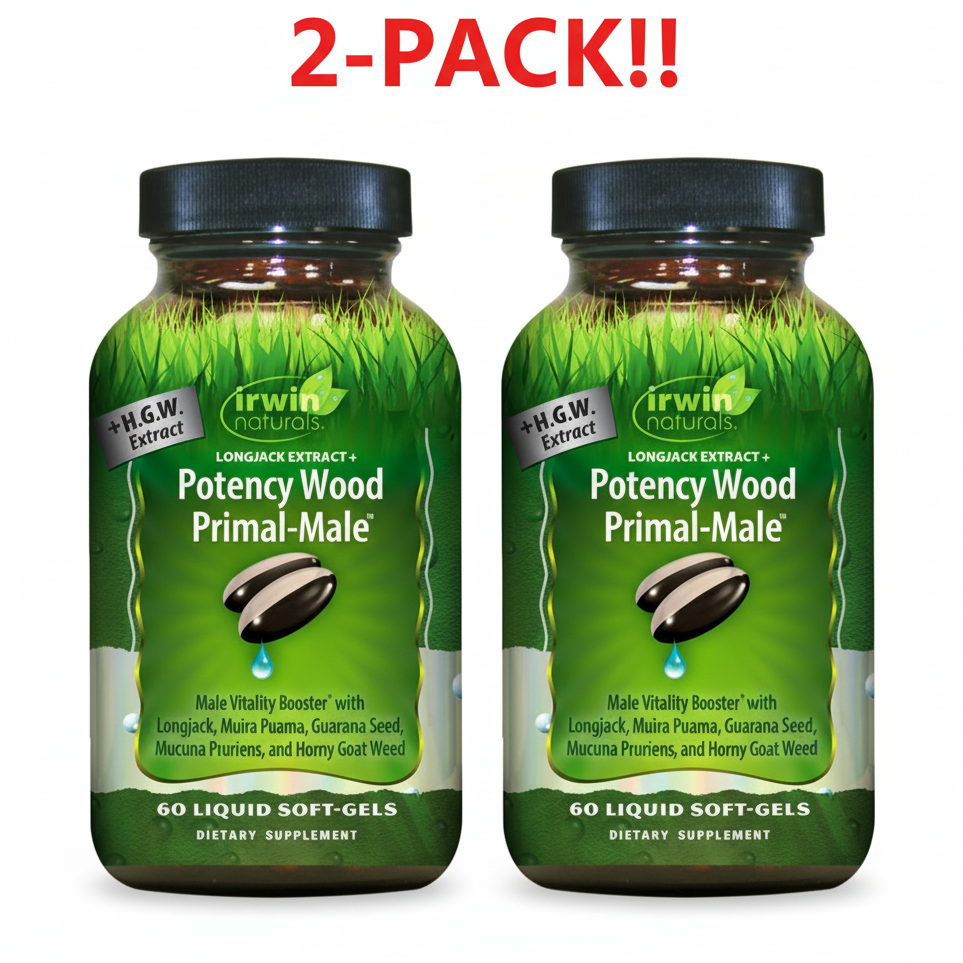 Supplement bottle labeled 'Irwin Naturals Potency Wood Primal-Male' on a white background