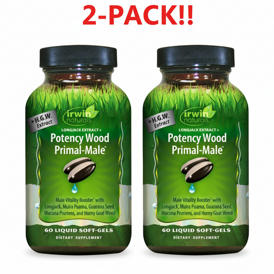 Supplement bottle labeled 'Irwin Naturals Potency Wood Primal-Male' on a white background