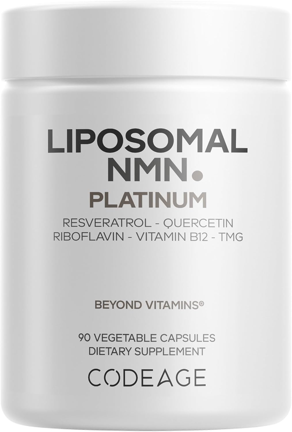 Supplement container labeled 'Liposomal NMN Platinum' by Beyond Vitamins on a white background