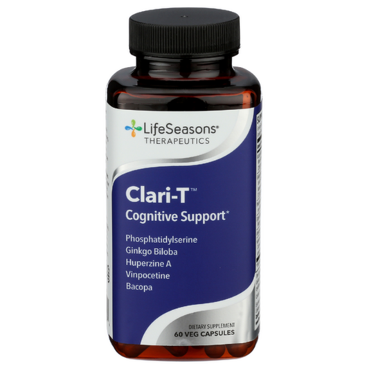 Bottle of LifeSeasons Therapeutics Clari-T Cognitive Support supplement on a white background