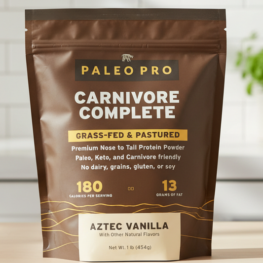 Paleo Pro Carnivore Complete Protein Powder container (1 LB) in Aztec Vanilla flavor, showing the "Paleo" and "Carnivore" labels.