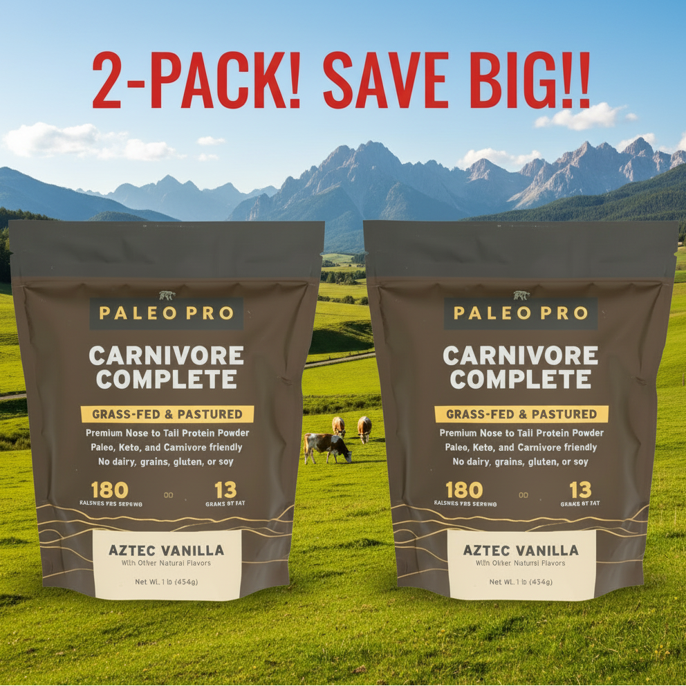 Two Paleo Pro Carnivore Complete Protein Powder bags/containers (1 LB each) shown together, emphasizing the 2-pack bundle and 2 LBS total weight in Aztec Vanilla.