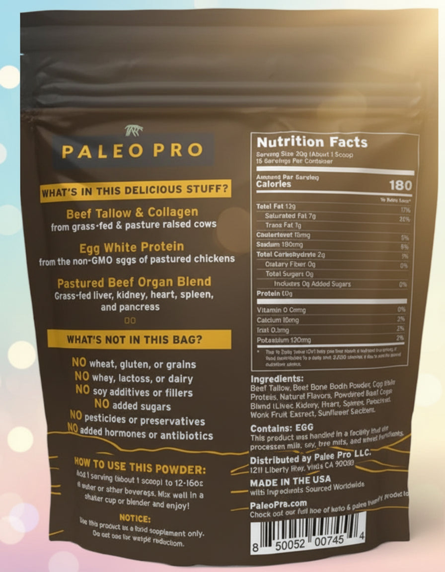 Detailed image of the supplement facts panel, highlighting the protein source (beef/egg white) and clean ingredient list.