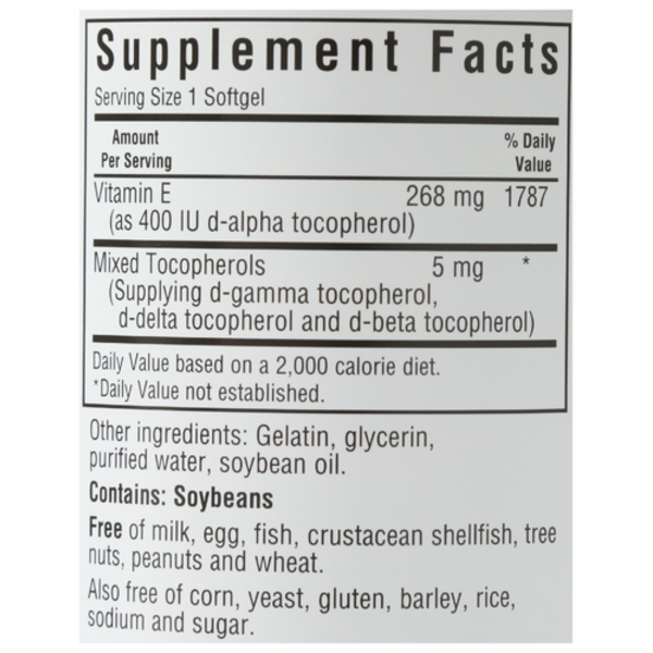 Supplement facts label for a product with vitamin E and tocopherols on a white background