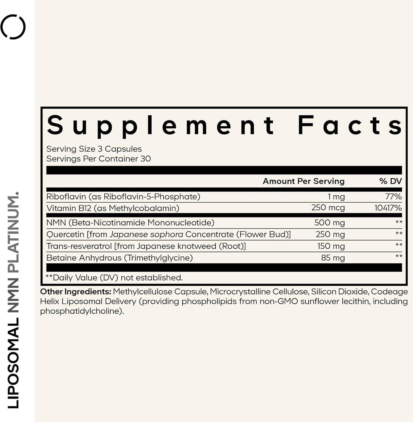 Supplement facts label with detailed nutritional information on a white background