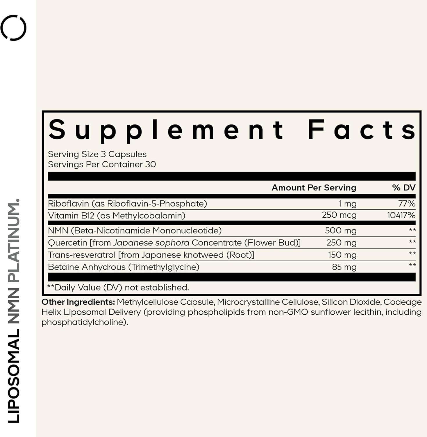 Supplement facts label with detailed nutritional information on a white background