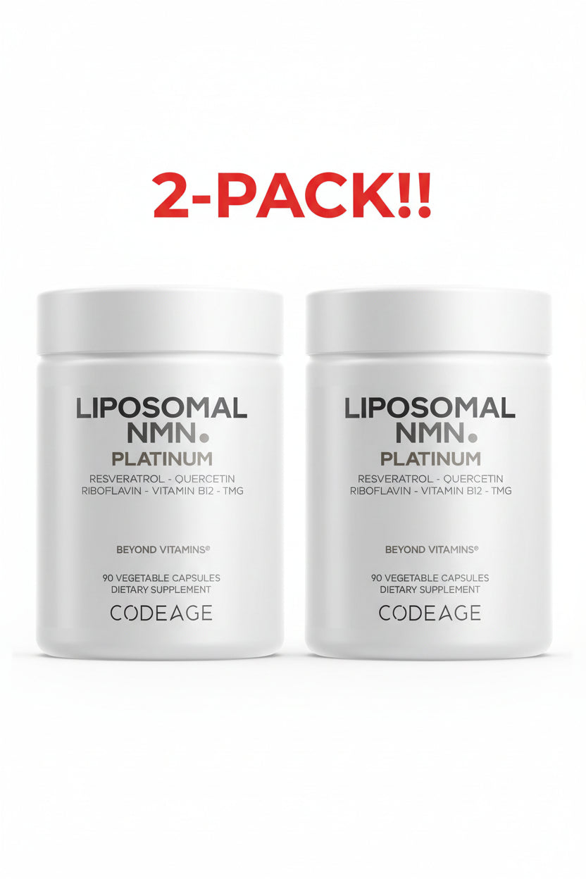 Two jars of Liposomal NMN Platinum by Codeage on a white background with '2-Pack!!' text.