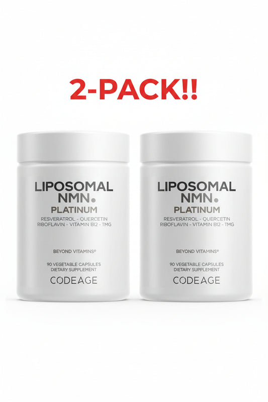 Two jars of Liposomal NMN Platinum by Codeage on a white background with '2-Pack!!' text.