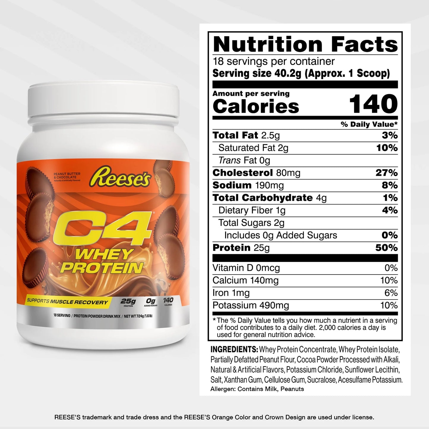 Reese's C4 Whey Protein container with nutrition facts label on a white background