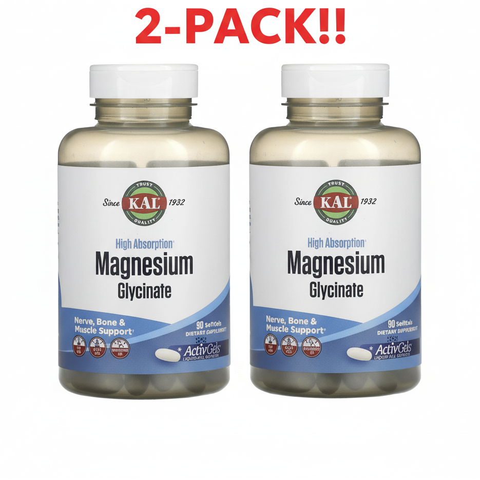 Bottle of KAL Magnesium Glycinate supplement on a white background
