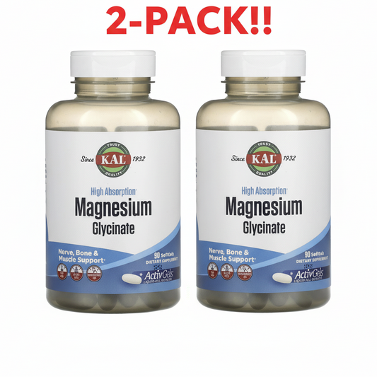 Bottle of KAL Magnesium Glycinate supplement on a white background