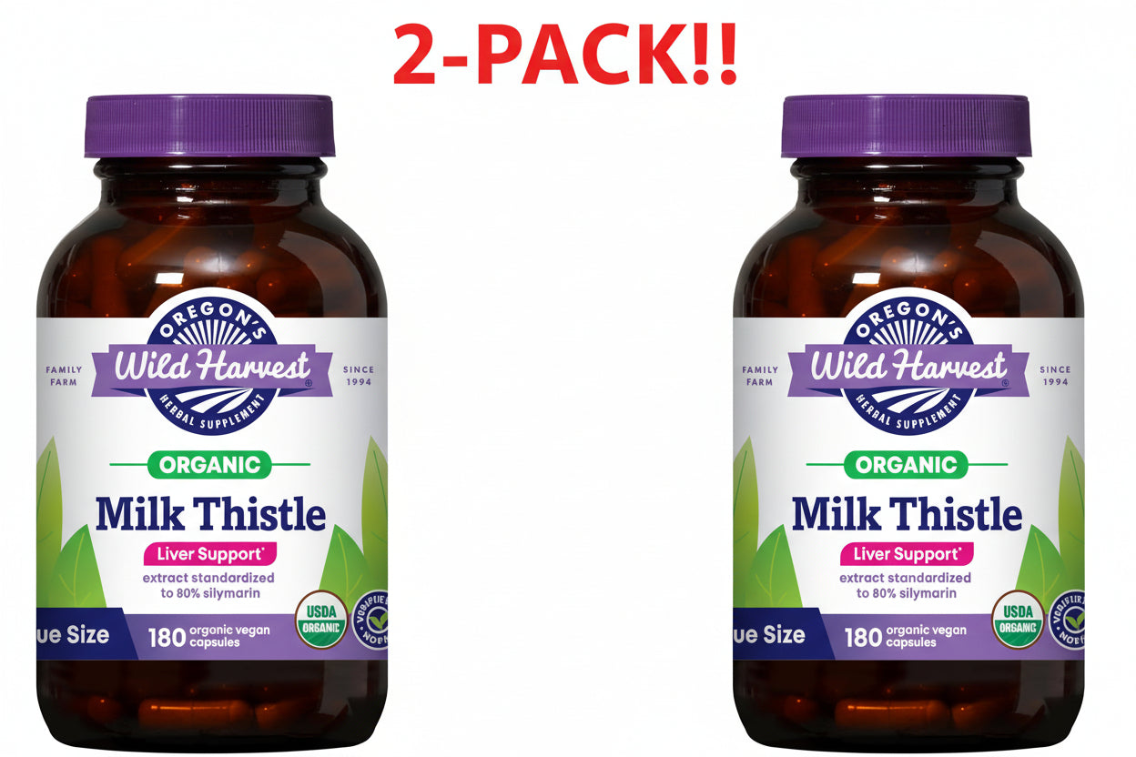 Two bottles of Organic Milk Thistle with a purple label on a white background.
