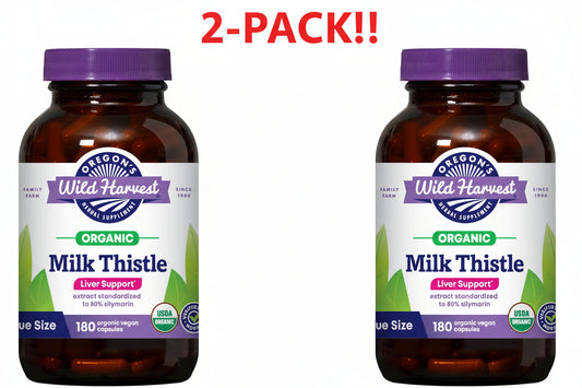 Two bottles of Organic Milk Thistle with a purple label on a white background.