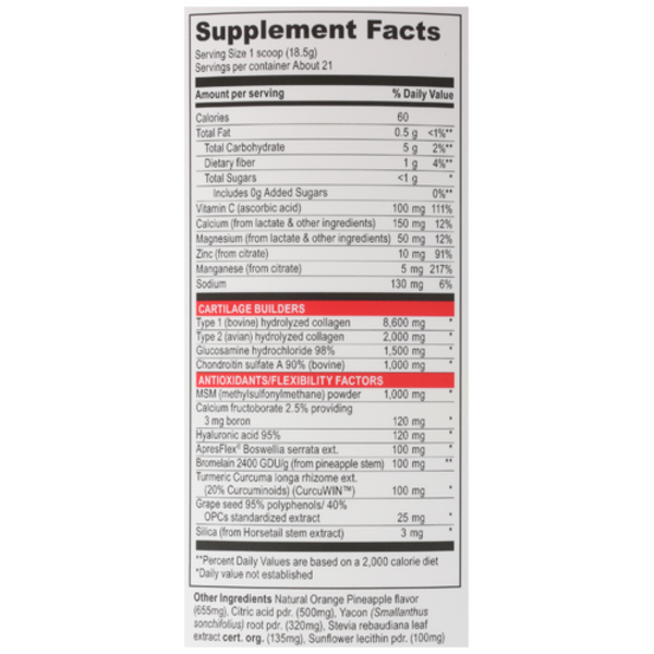 Supplement label with detailed nutritional information on a white background