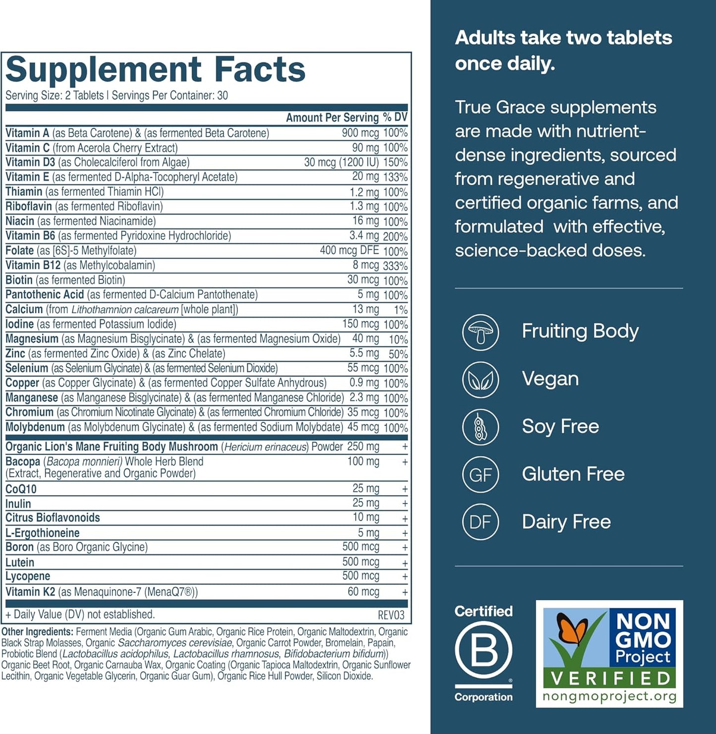 Supplement label with detailed nutritional information and certification logos on a blue background