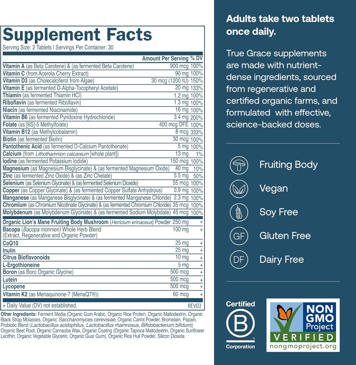 Supplement label with detailed nutritional information and certification logos on a blue background