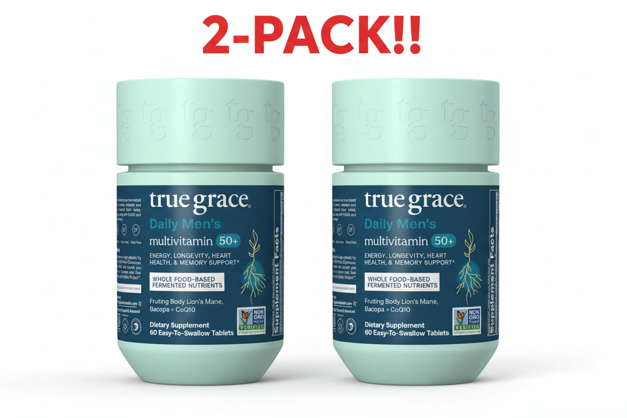 Two bottles of true grace Daily Men's multivitamin 50+ on a white background with '2-Pack!!' text above.