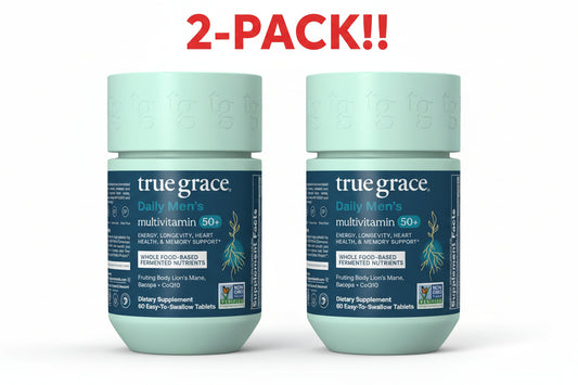 Two bottles of true grace Daily Men's multivitamin 50+ on a white background with '2-Pack!!' text above.