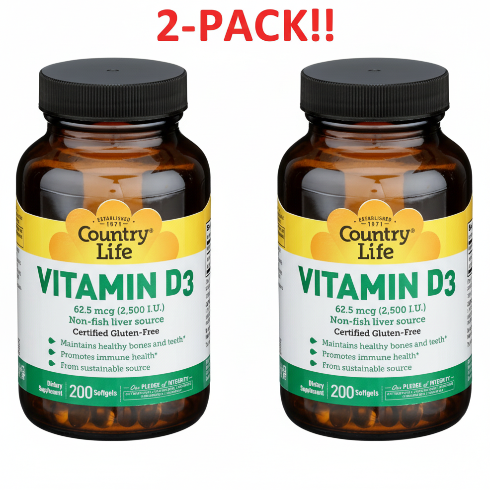 Vitamin D3 supplement bottle with 'Country Life' label on a white background
