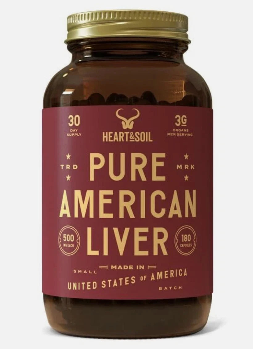 Bottle of 'Pure American Liver' supplements with a maroon label on a white background