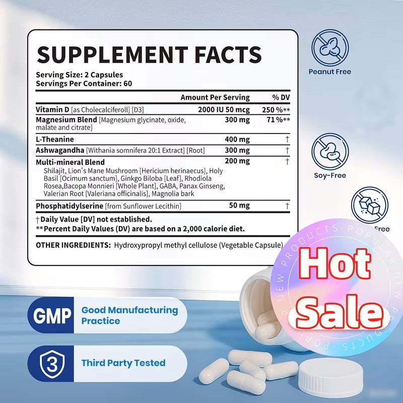 60 Capsules Calm Support with Magnesium, Vitamin D3, L-Theanine & Ashwagandha | Daily Balance Formula for Relaxation, Mood & Wellness - Gentle Mineral & Herbal Blend for Everyday Use