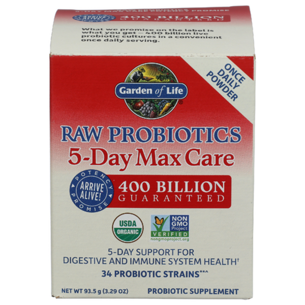 Box of Garden of Life Raw Probiotics 5-Day Max Care supplement on a white background
