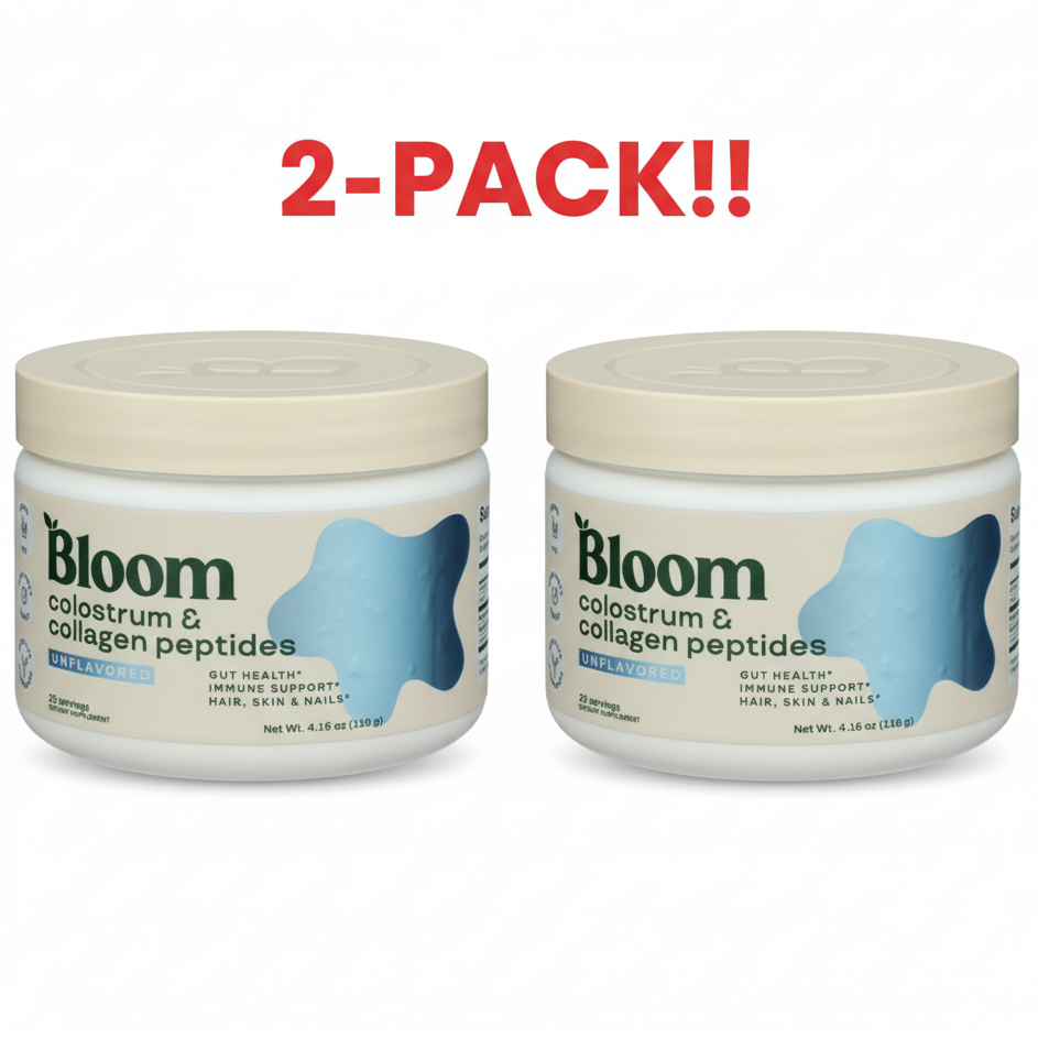 Two jars of Bloom colostrum and collagen peptides with a '2-Pack!' label on a white background.