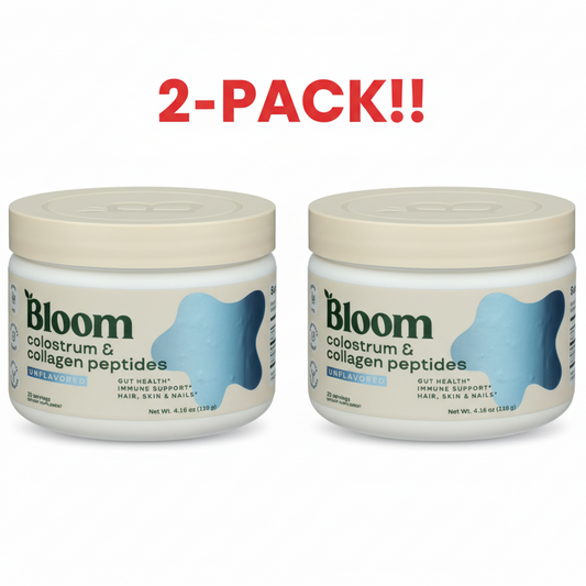 Two jars of Bloom colostrum and collagen peptides with a '2-Pack!' label on a white background.