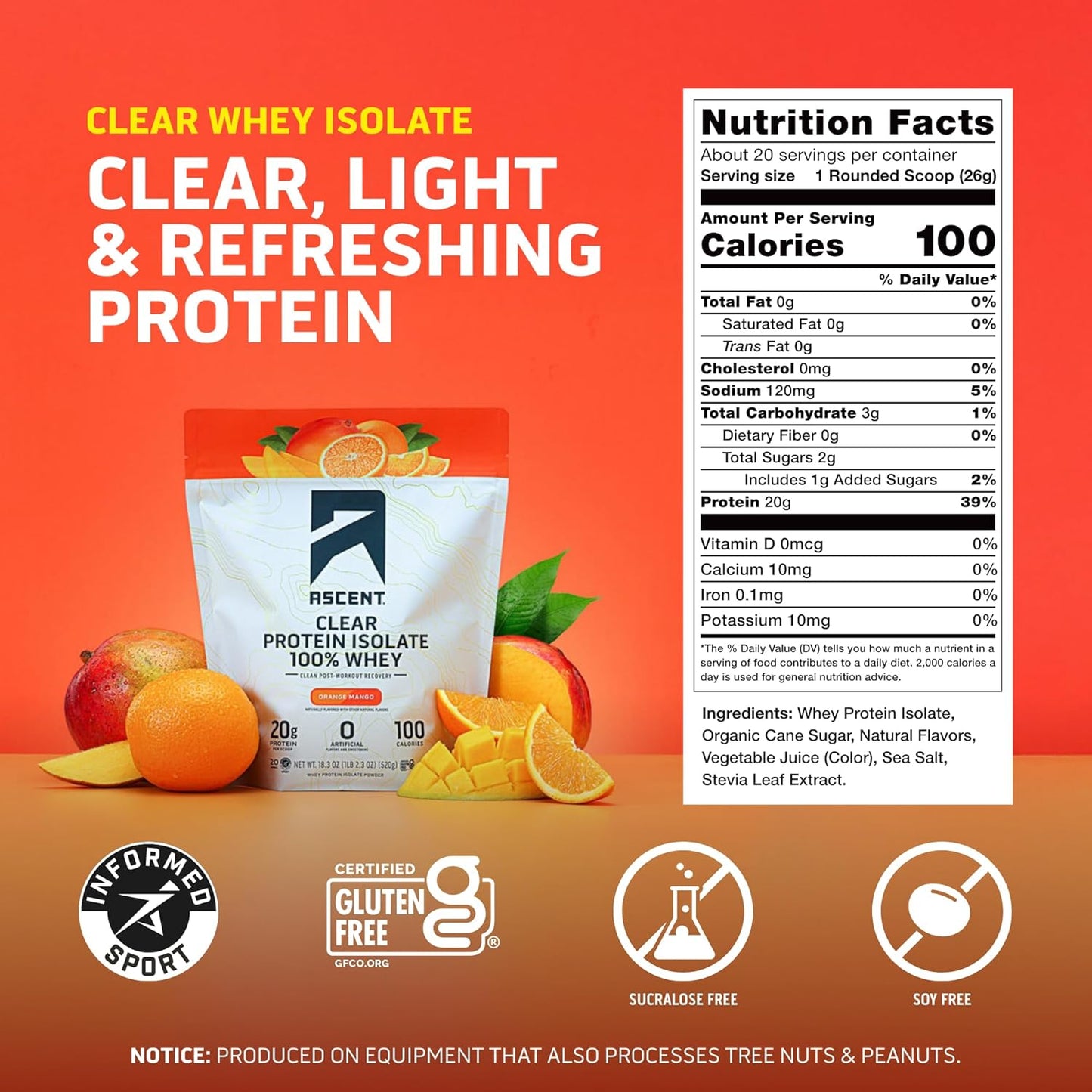 Ascent 100% Clear Whey Protein Powder Double Pack! - Orange Mango (Two 20-Serv Bags) - 40 Total Servings of Clean Whey Isolate with 5.5g BCAAs